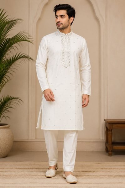 Accessible White Men's Ethnic Kurta Pajama Set with Designer Gala Work Kurta Pajama Wholesale