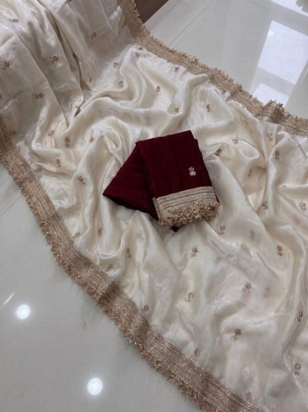Accessible White Space Silk Saree with Lightweight Fabric and Rich Embroidery Embroidery Sarees Wholesale