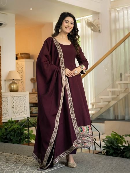 Classy Wine Designer Roman Silk Anarkali Suit with Embroidered Dupatta at Wholesale Rate Ready To Wear Suit