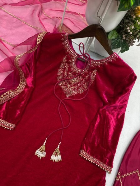 Acrylic Velvet  Sequence Embroidered Work Suit Set with Organza Embroidery Dupatta for Receptions Ready To Wear Collection