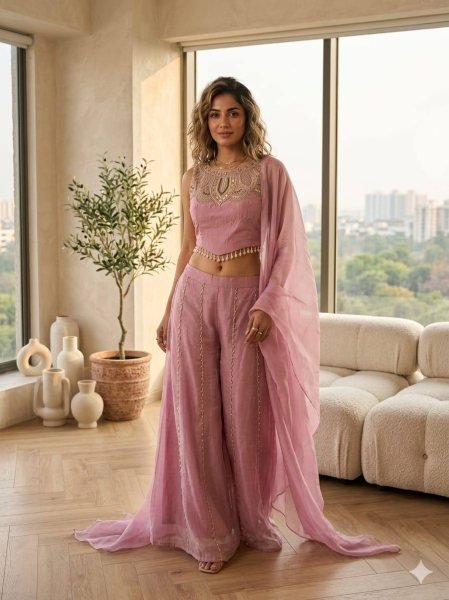 Adaptable Baby Pink Viscose Satin Palazzo Suit with Beads Handwork for Party Wear Ready To Wear Collection