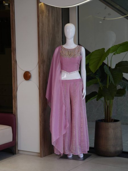 Adaptable Baby Pink Viscose Satin Palazzo Suit with Beads Handwork for Party Wear Ready To Wear Collection
