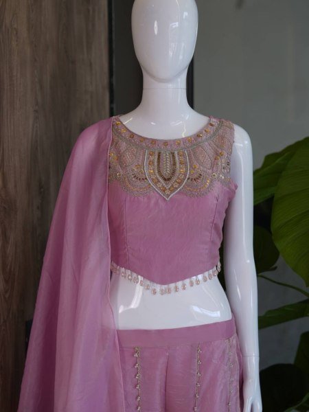 Adaptable Baby Pink Viscose Satin Palazzo Suit with Beads Handwork for Party Wear Ready To Wear Collection
