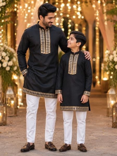 Adaptable Black Father Son Matching Cotton Kurta with Mirror Work at Wholesale Rate Mens Wear