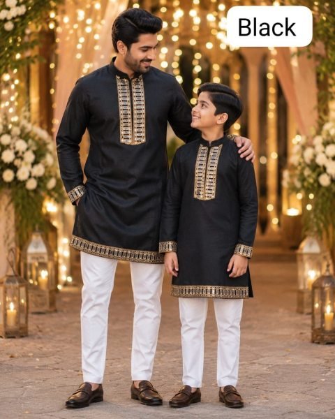 Adaptable Black Father Son Matching Cotton Kurta with Mirror Work at Wholesale Rate Father Son Collection 