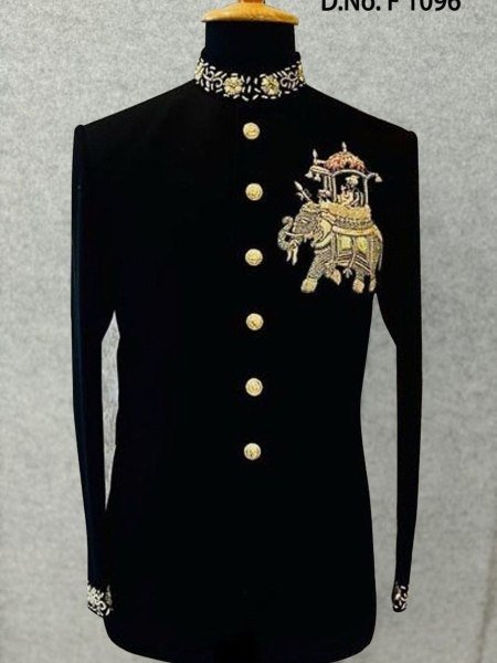 Adaptable Black Jodhpuri Coat Intricate Gold Elephant Ambari Embroidery Mens Wear