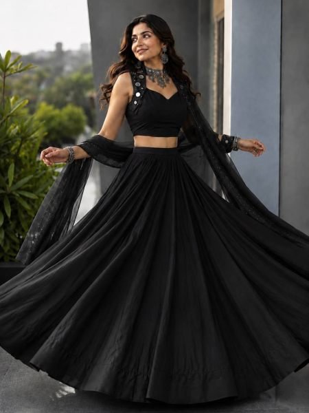 Adaptable Black Navratri Cotton Lehenga Choli with Real Mirror Work and 8 Meter Flair At Wholesale Rate 