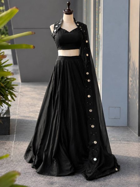 Adaptable Black Navratri Cotton Lehenga Choli with Real Mirror Work and 8 Meter Flair At Wholesale Rate Navratri Lehnega Choli