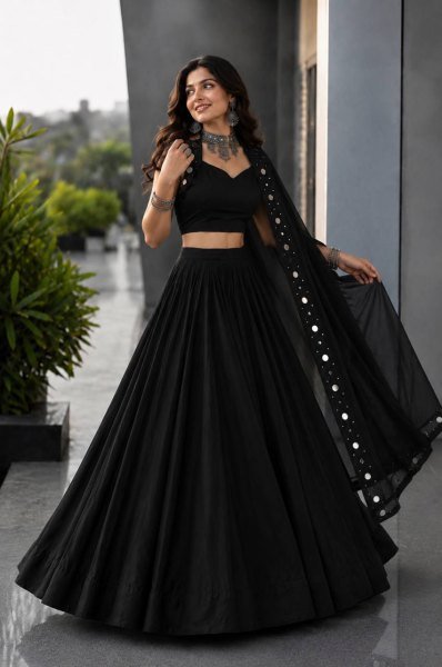 Adaptable Black Navratri Cotton Lehenga Choli with Real Mirror Work and 8 Meter Flair At Wholesale Rate Navratri Lehnega Choli