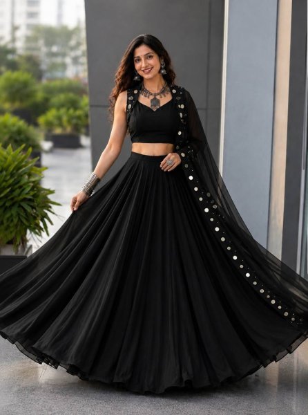 Adaptable Black Navratri Cotton Lehenga Choli with Real Mirror Work and 8 Meter Flair At Wholesale Rate Navratri Lehnega Choli
