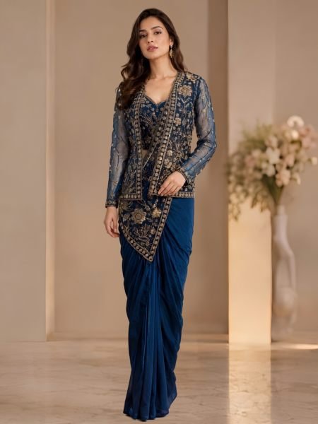 Adaptable Blue Ready Size Imported Lycra Saree with Designer Beads Work Blouse 
