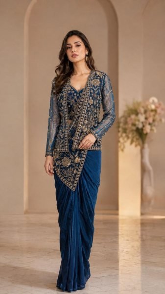 Adaptable Blue Ready Size Imported Lycra Saree with Designer Beads Work Blouse Ready To Wear Saree 