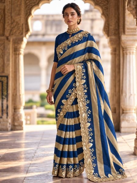 Adaptable Blue Salsa Silk Saree with Embroidery Work and Cutwork Border at Wholesale Rate Sarees 