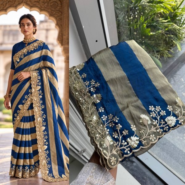 Adaptable Blue Salsa Silk Saree with Embroidery Work and Cutwork Border at Wholesale Rate Silk Sarees Wholesale