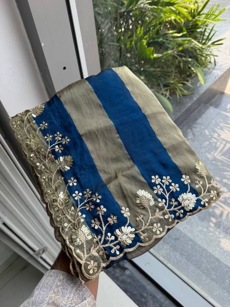 Adaptable Blue Salsa Silk Saree with Embroidery Work and Cutwork Border at Wholesale Rate Silk Sarees Wholesale