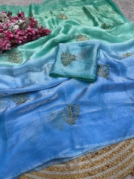 Adaptable Blue Space Silk Saree with Semi Beads Work and Padded Blouse at Wholesale Rate Sarees 