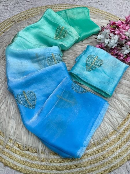 Adaptable Blue Space Silk Saree with Semi Beads Work and Padded Blouse at Wholesale Rate Bollywood Fancy Sarees Wholesale