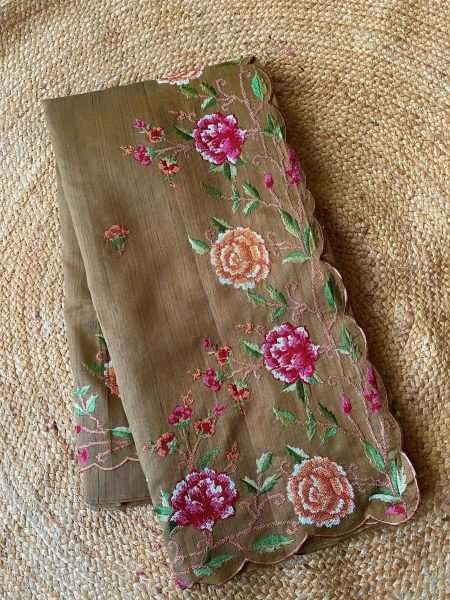 Adaptable Brown Boutique Style Matka Silk Saree with Floral Embroidery Design Embroidery Sarees Wholesale