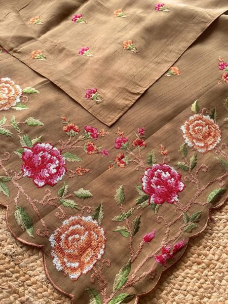 Adaptable Brown Boutique Style Matka Silk Saree with Floral Embroidery Design Embroidery Sarees Wholesale