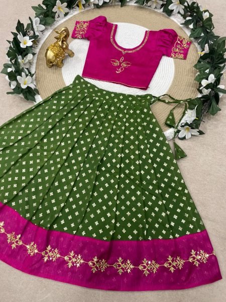 Adaptable Green Banarasi Silk Kids Lehenga Choli with Intricate Zari Weaving  Girls Wear