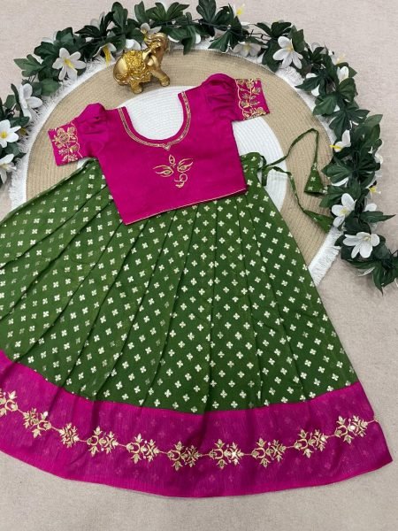 Adaptable Green Banarasi Silk Kids Lehenga Choli with Intricate Zari Weaving  Girls Wear