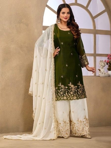 Adaptable Green Designer Fendy Satin Sharara Suit with Heavy Sequin Embroidery Work Salwar Kameez