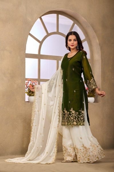 Adaptable Green Designer Fendy Satin Sharara Suit with Heavy Sequin Embroidery Work Designer Plazzo Salwar Suits Wholesale