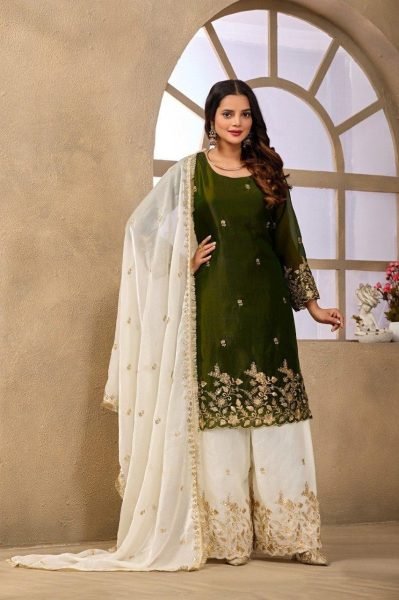 Adaptable Green Designer Fendy Satin Sharara Suit with Heavy Sequin Embroidery Work Designer Plazzo Salwar Suits Wholesale