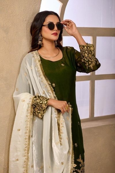 Adaptable Green Designer Fendy Satin Sharara Suit with Heavy Sequin Embroidery Work Designer Plazzo Salwar Suits Wholesale