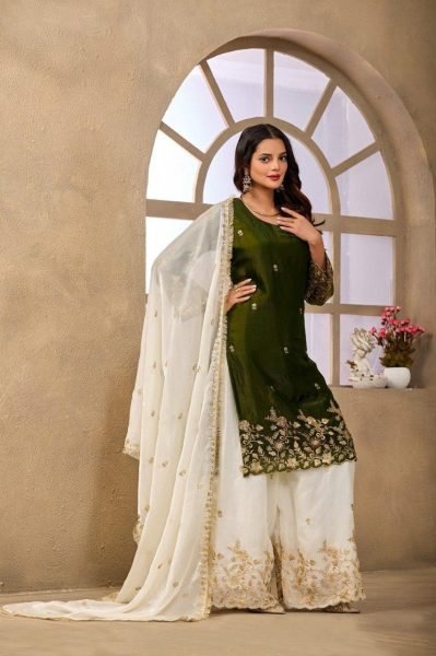Adaptable Green Designer Fendy Satin Sharara Suit with Heavy Sequin Embroidery Work Designer Plazzo Salwar Suits Wholesale
