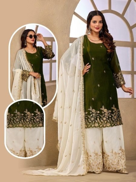 Adaptable Green Designer Fendy Satin Sharara Suit with Heavy Sequin Embroidery Work Designer Plazzo Salwar Suits Wholesale