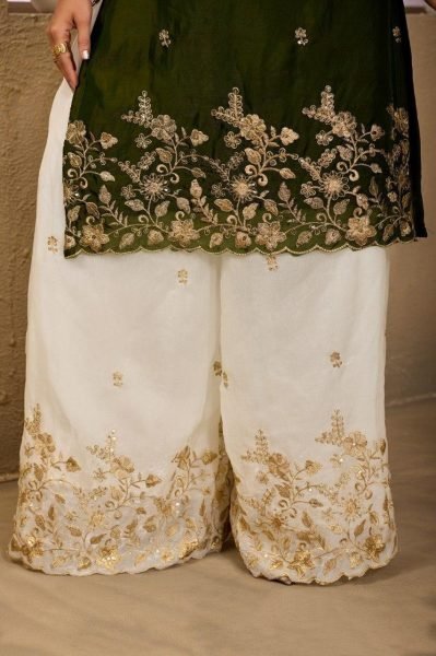 Adaptable Green Designer Fendy Satin Sharara Suit with Heavy Sequin Embroidery Work Designer Plazzo Salwar Suits Wholesale