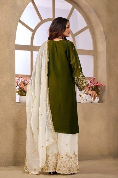 Adaptable Green Designer Fendy Satin Sharara Suit with Heavy Sequin Embroidery Work Designer Plazzo Salwar Suits Wholesale
