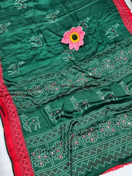 Adaptable Green Moss Fabric Saree with Traditional Bandhani Print and Mirror Detailing Bandhej Sarees Wholesale