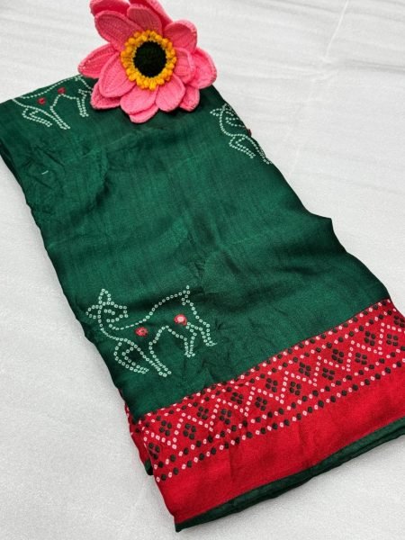 Adaptable Green Moss Fabric Saree with Traditional Bandhani Print and Mirror Detailing Bandhej Sarees Wholesale