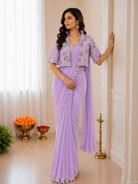 Adaptable Lavender Heavy Crepe Silk Saree Set with Sequence Work  