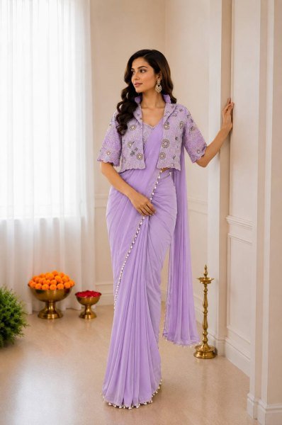 Adaptable Lavender Heavy Crepe Silk Saree Set with Sequence Work  Ready To Wear Saree 