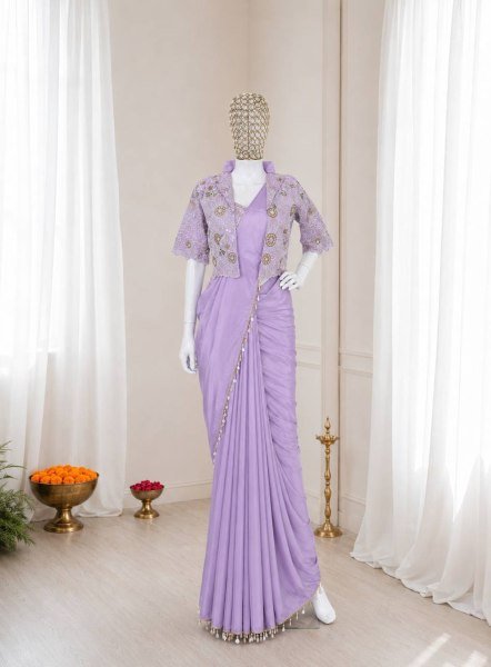 Adaptable Lavender Heavy Crepe Silk Saree Set with Sequence Work  Ready To Wear Saree 