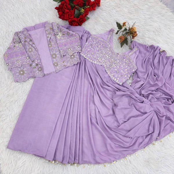 Adaptable Lavender Heavy Crepe Silk Saree Set with Sequence Work  Ready To Wear Saree 