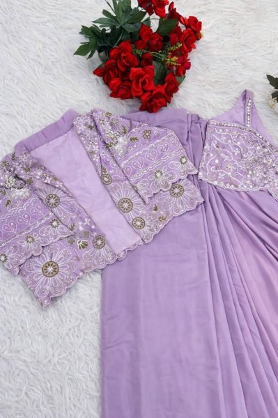 Adaptable Lavender Heavy Crepe Silk Saree Set with Sequence Work  Ready To Wear Saree 