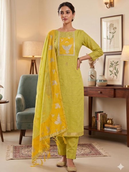 Adaptable Lemon Yellow Pichwai Weaving Dress Material for Traditional and Ethnic Wear Dress Material 