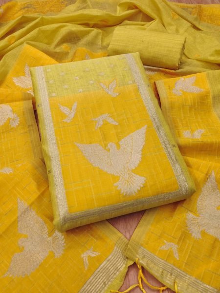 Adaptable Lemon Yellow Pichwai Weaving Dress Material for Traditional and Ethnic Wear Cotton Dress Material