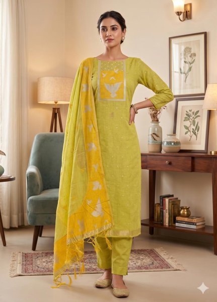 Adaptable Lemon Yellow Pichwai Weaving Dress Material for Traditional and Ethnic Wear Cotton Dress Material