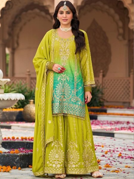 Adaptable Lime Green Heavy Chinon Embroidered Suit with Palazzo Set 