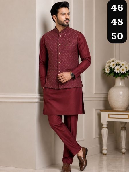 Adaptable Maroon Big Size Silk Kurta Pajama with Stylish Self Design Jacquard Koti Kurta Pajama Wholesale