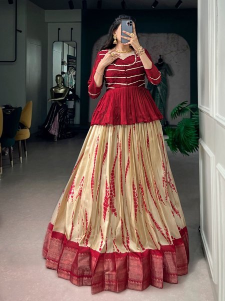 Adaptable Maroon Dola Silk Lehenga Choli With Blouse and Rich Zari Border For Navratri Fashion  Lehenga