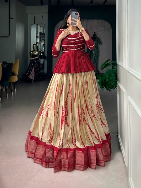 Adaptable Maroon Dola Silk Lehenga Choli With Blouse and Rich Zari Border For Navratri Fashion Navratri Lehnega Choli