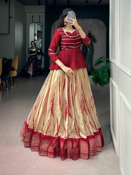 Adaptable Maroon Dola Silk Lehenga Choli With Blouse and Rich Zari Border For Navratri Fashion Navratri Lehnega Choli
