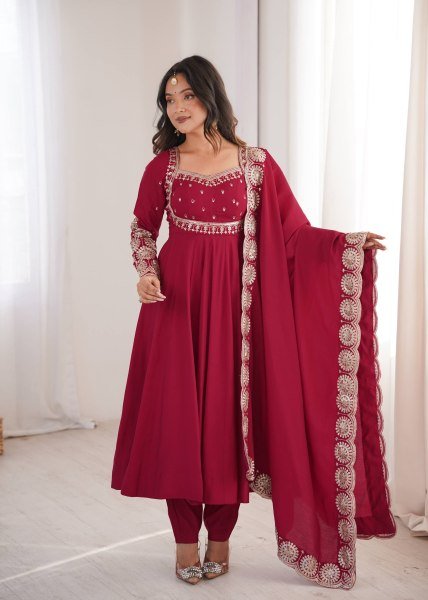 Adaptable Maroon Ready to Wear Roman Silk Gown with Pant and Dupatta at Factory Price Ready To Wear Collection