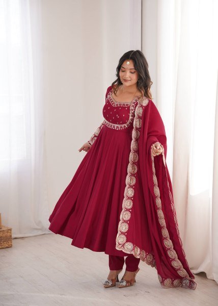Adaptable Maroon Ready to Wear Roman Silk Gown with Pant and Dupatta at Factory Price Ready To Wear Collection